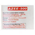 Azee-500　アジー、ジェネリックジスロマック、アジスロマイシン500mg　箱裏面